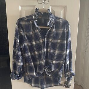 KMJ Plaid Button Down Shirt - Blue ruffle collar. Like new!